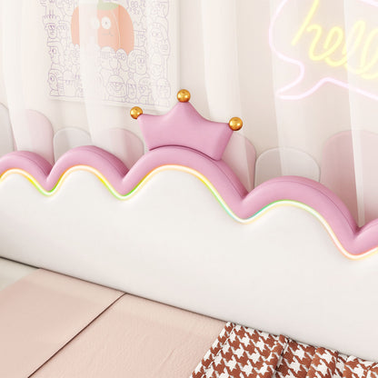 Twin Extending Daybed With LED Lights, Modern Upholstered Princess Daybed With Crown Headboard - Pink