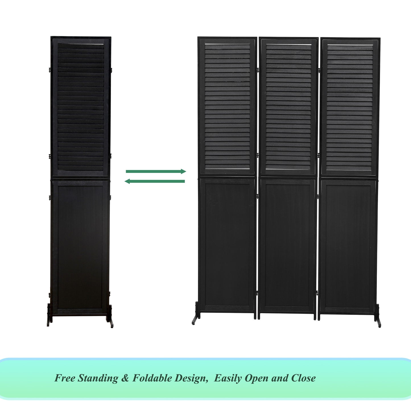 Rustic 3 Panel Room Divider 6Ft Wood Folding Privacy Screen With Metal Frame And Louver Design - Black