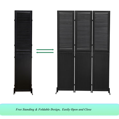 Rustic 3 Panel Room Divider 6Ft Wood Folding Privacy Screen With Metal Frame And Louver Design - Black