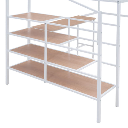 Full Size Loft Bed With Desk And Lateral Storage Ladder - White