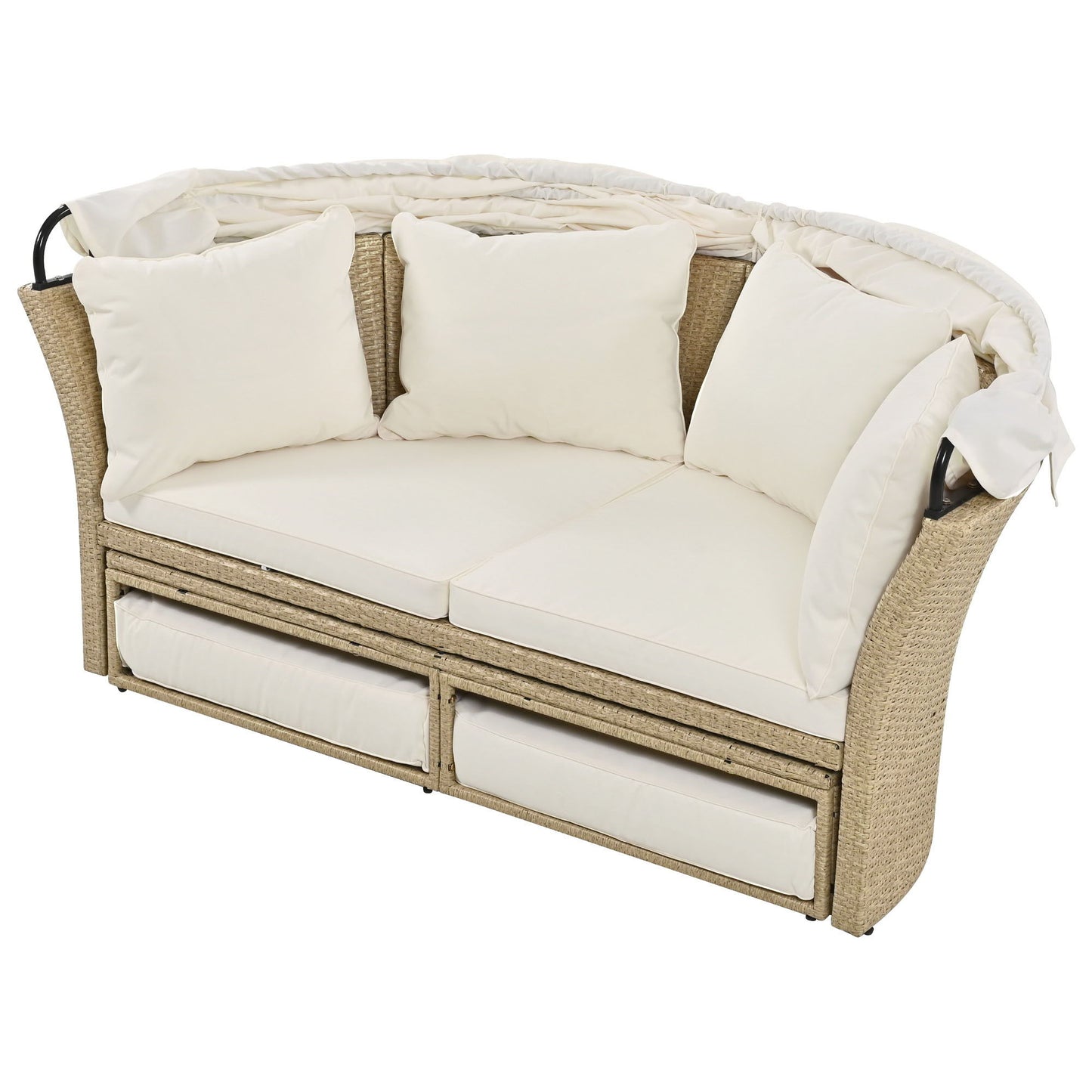 Outdoor Patio Daybed Wicker Rattan Double Daybed Round Sofa Furniture Set With Retractable Canopy, 4 Pillows For Lawn Garden Backyard Porch Pool - Beige