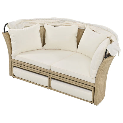 Outdoor Patio Daybed Wicker Rattan Double Daybed Round Sofa Furniture Set With Retractable Canopy, 4 Pillows For Lawn Garden Backyard Porch Pool - Beige
