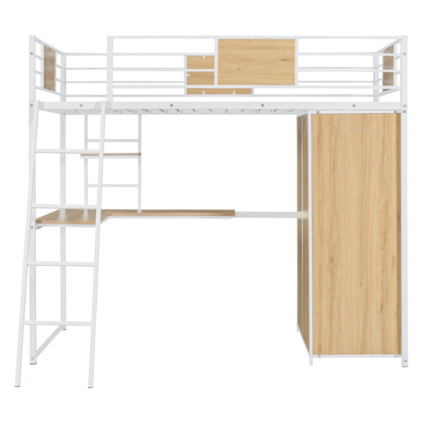 Twin Size Loft Bed With L Shape Desk And Wardrobe - White
