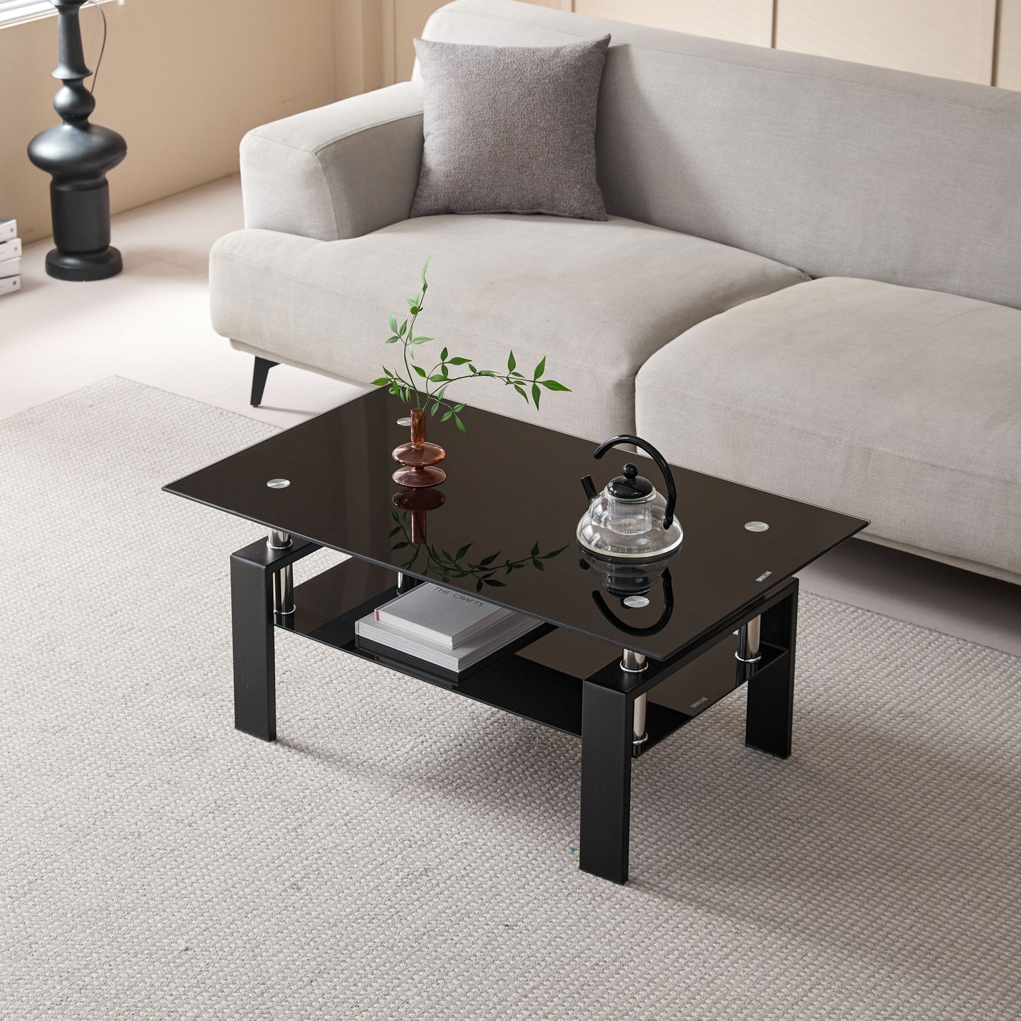 Tempered Black Glass Coffee Table, 2-Layers Tea Table - Black