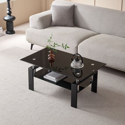 Tempered Black Glass Coffee Table, 2-Layers Tea Table - Black
