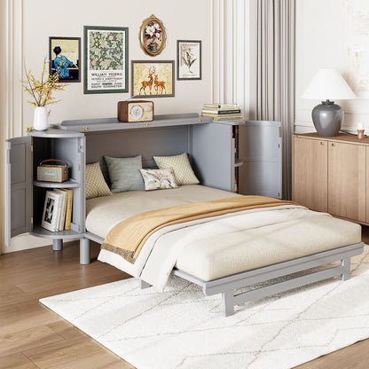 Queen Murphy Bed With Hidden Storage & Modern Woven Design - Gray
