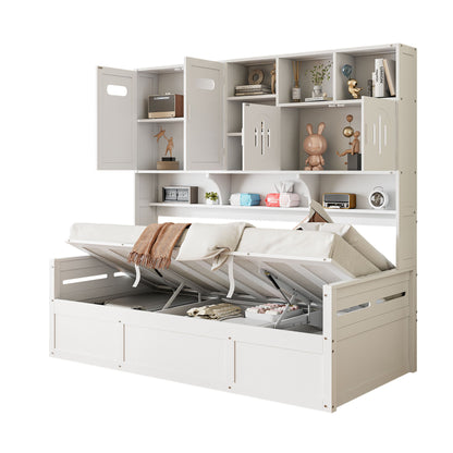 Twin Size Wooden Daybed With Hydraulic Bed And All In One Cabinet And Shelf - White
