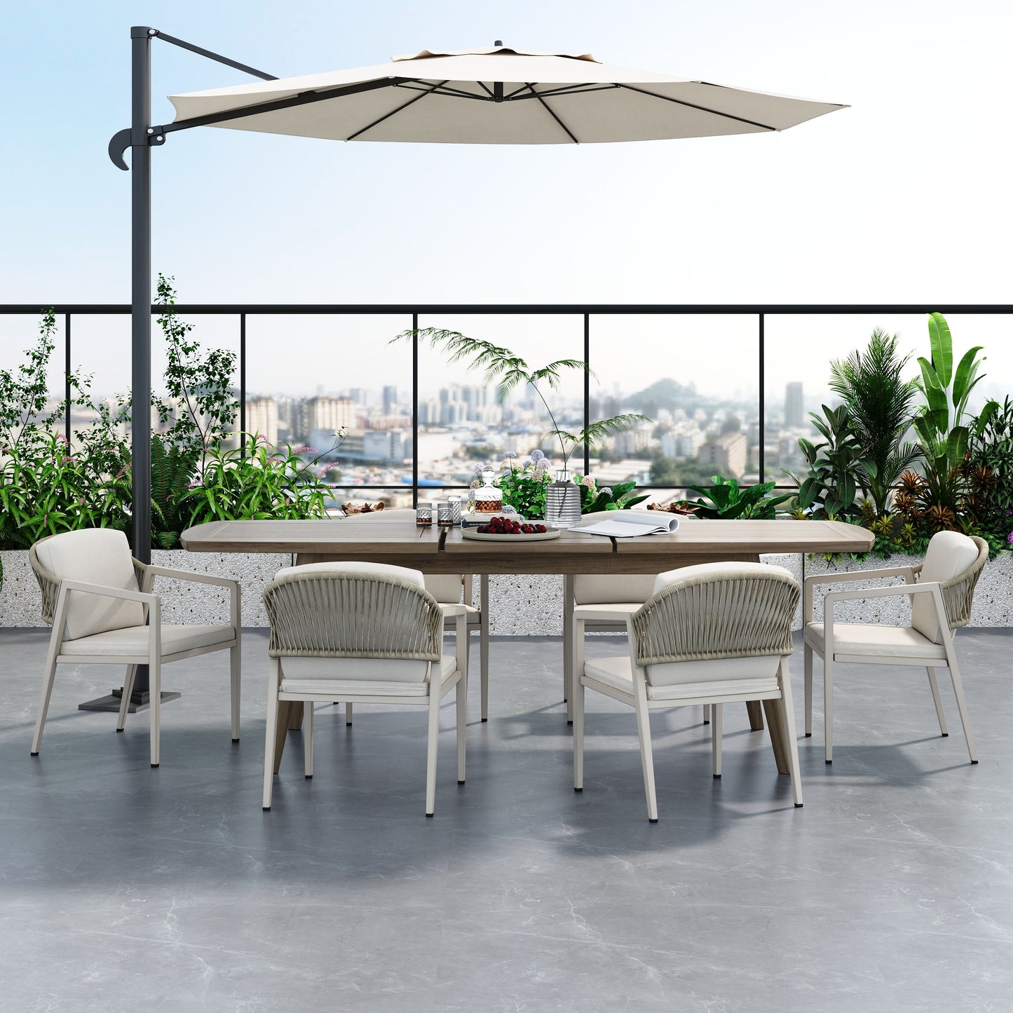 Modern Outdoor Dining Set With Expandable Acacia Wood Table And Iron Chairs - Gray