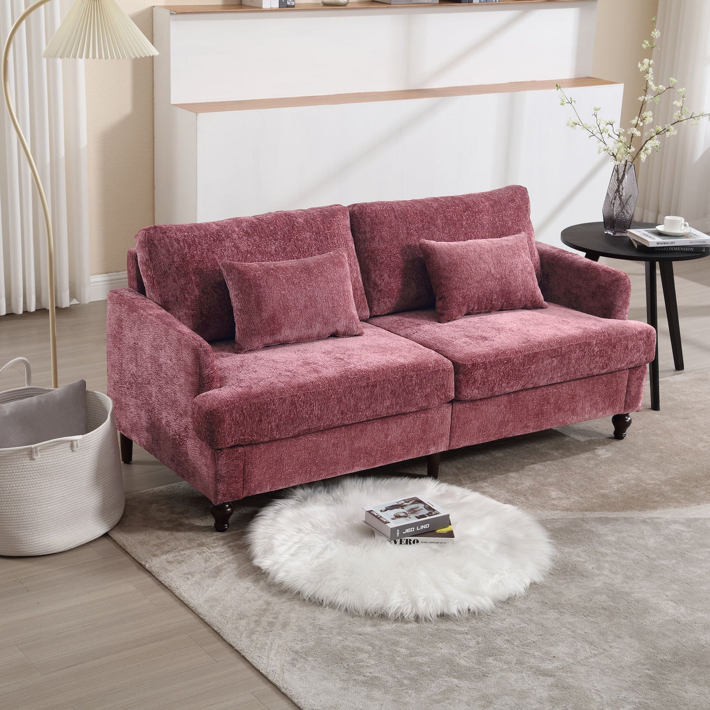 Mid Century Modern Chenille Fabric Loveseat Sofa, 2 Seat Upholstered Couch With Wood Feet - Wine Red