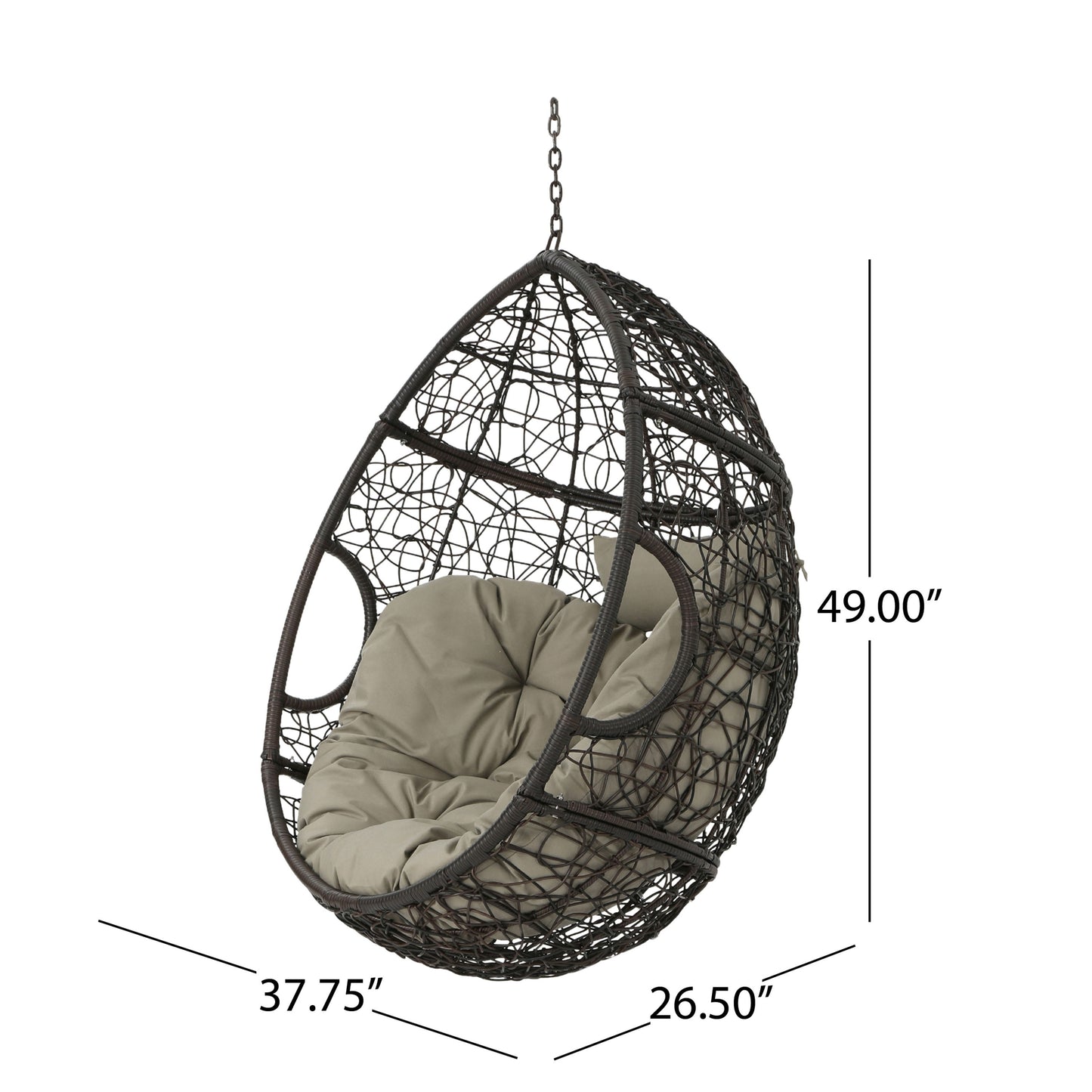 Kylie - Hanging Basket Chair Brown Cozy Rattan Design With Water Resistant Cushions - Khaki / Brown
