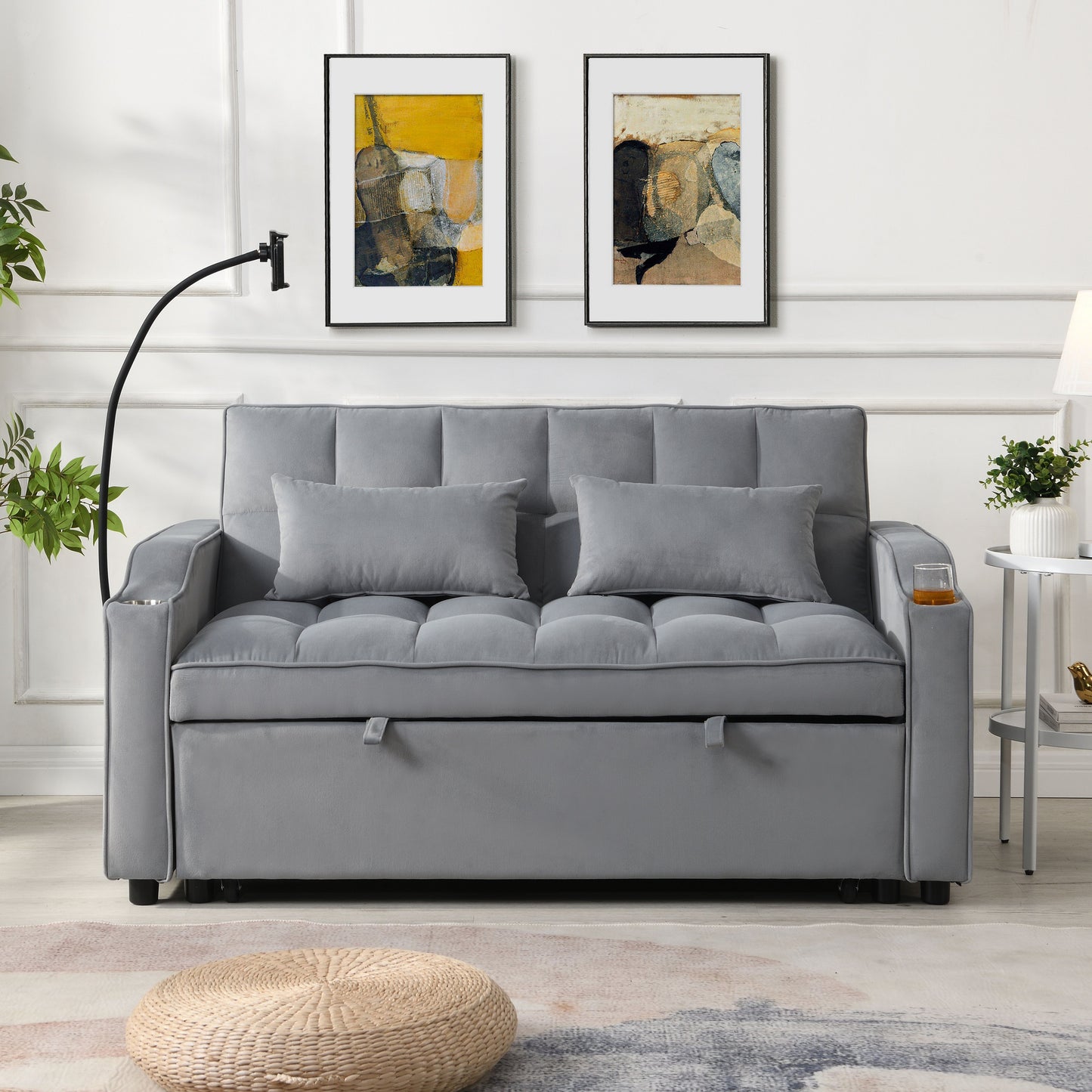 Modern Velvet Loveseat Futon Sofa Couch With Pullout Bed, Adjustable Backrest, Toss Pillows - Light Gray