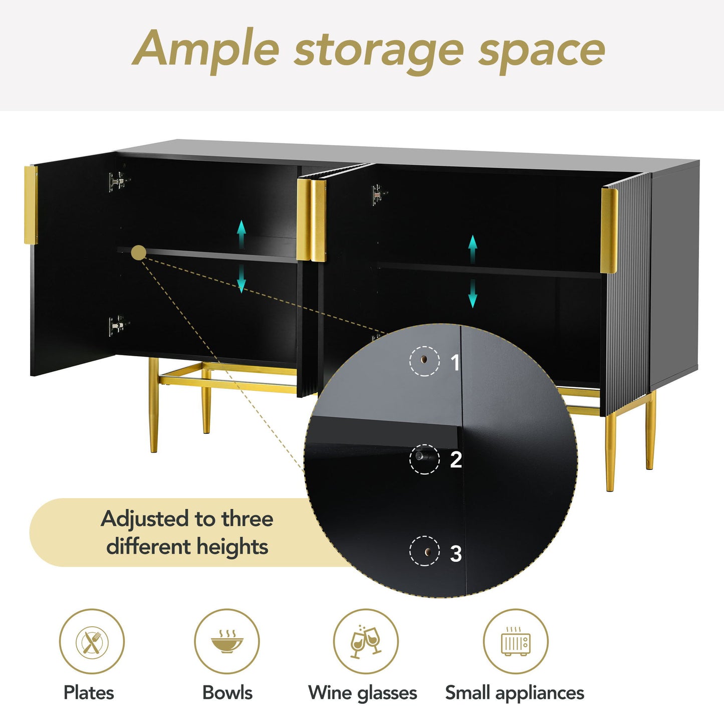 Modern Elegant 4 Door Sideboard Gold Metal Handle Buffet Cabinet For Dining Room, Living Room, Bedroom, Hallway - Black