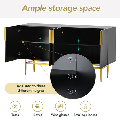 Modern Elegant 4 Door Sideboard Gold Metal Handle Buffet Cabinet For Dining Room, Living Room, Bedroom, Hallway - Black