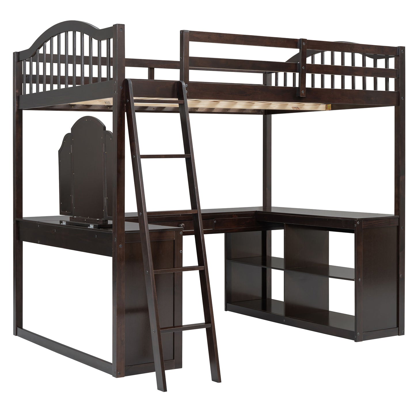 Full Loft Bed With U Shaped Desk, Storage Compartments And Tri Fold Mirror - Espresso