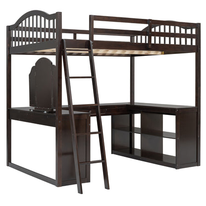 Full Loft Bed With U Shaped Desk, Storage Compartments And Tri Fold Mirror - Espresso
