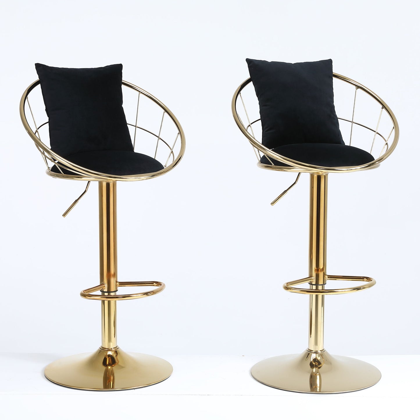 Velvet Bar Chair, Pure Gold Plated, Unique Design, 360 Degree Rotation, Adjustable Height, Suitable For Dining Room And Bar, (Set of 2) - Black