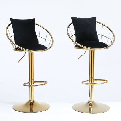 Velvet Bar Chair, Pure Gold Plated, Unique Design, 360 Degree Rotation, Adjustable Height, Suitable For Dining Room And Bar, (Set of 2) - Black