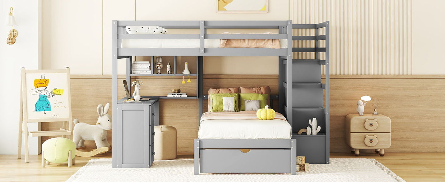 Full Over Twin Bunk Bed With Desk, Drawers And Shelves - Gray