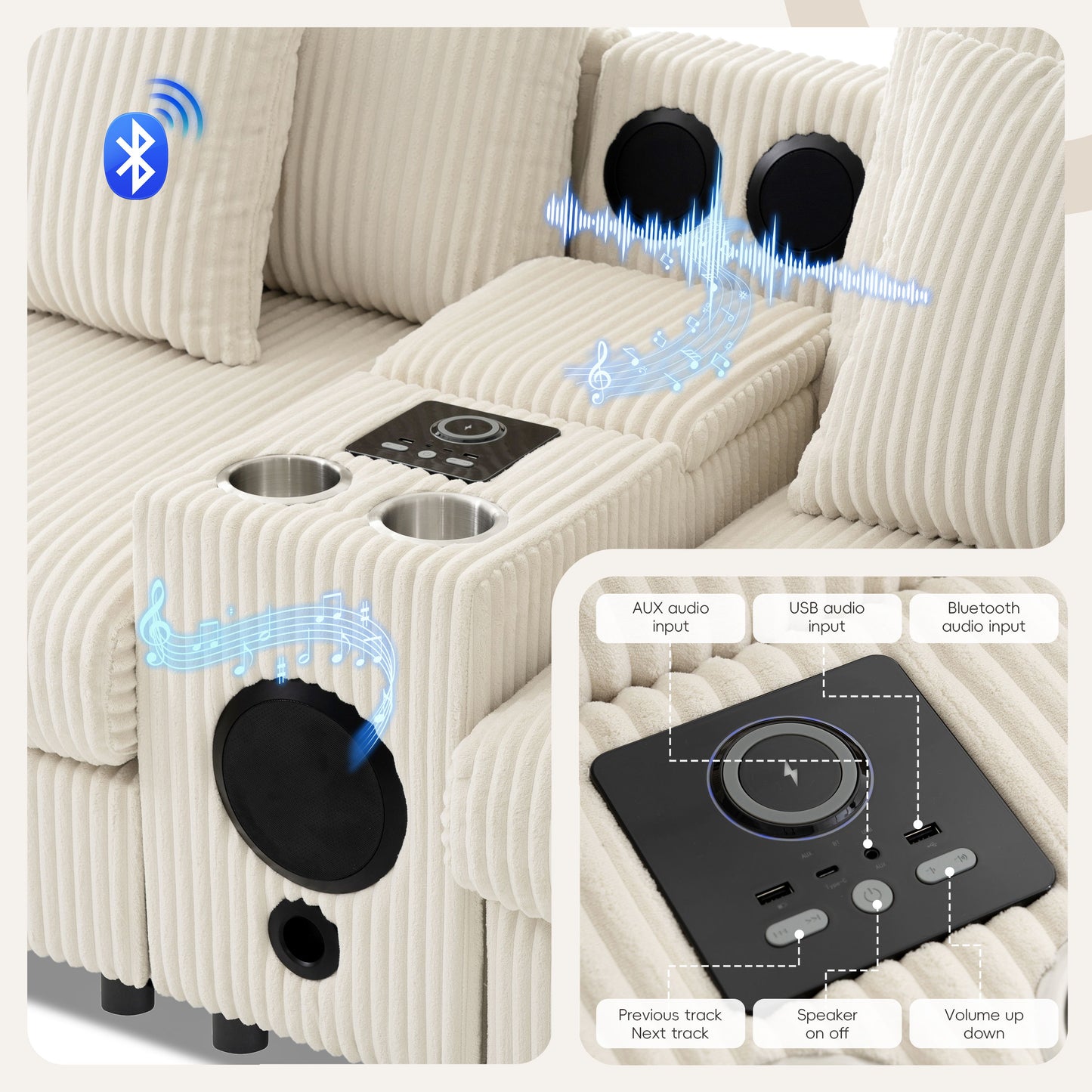 Sectional With Bluetooth Speakers L Shaped Couch With Console USB Charger, Cup Holders Storage Ottoman Deep And Wide Seat Cloud Sofa - Cream