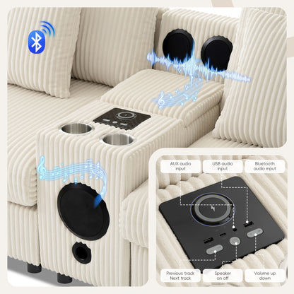 Sectional With Bluetooth Speakers L Shaped Couch With Console USB Charger, Cup Holders Storage Ottoman Deep And Wide Seat Cloud Sofa - Cream