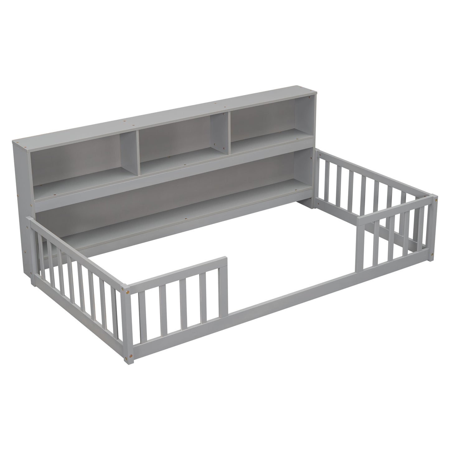 Twin Floor Bed With Bedside Bookcase, Shelves, Guardrails - Gray