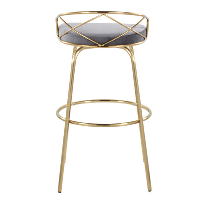 Charlotte - Glam Glam / Art Deco Fixed Height Barstool With Swivel With Round Footrest (Set of 2) - Gold / Gray