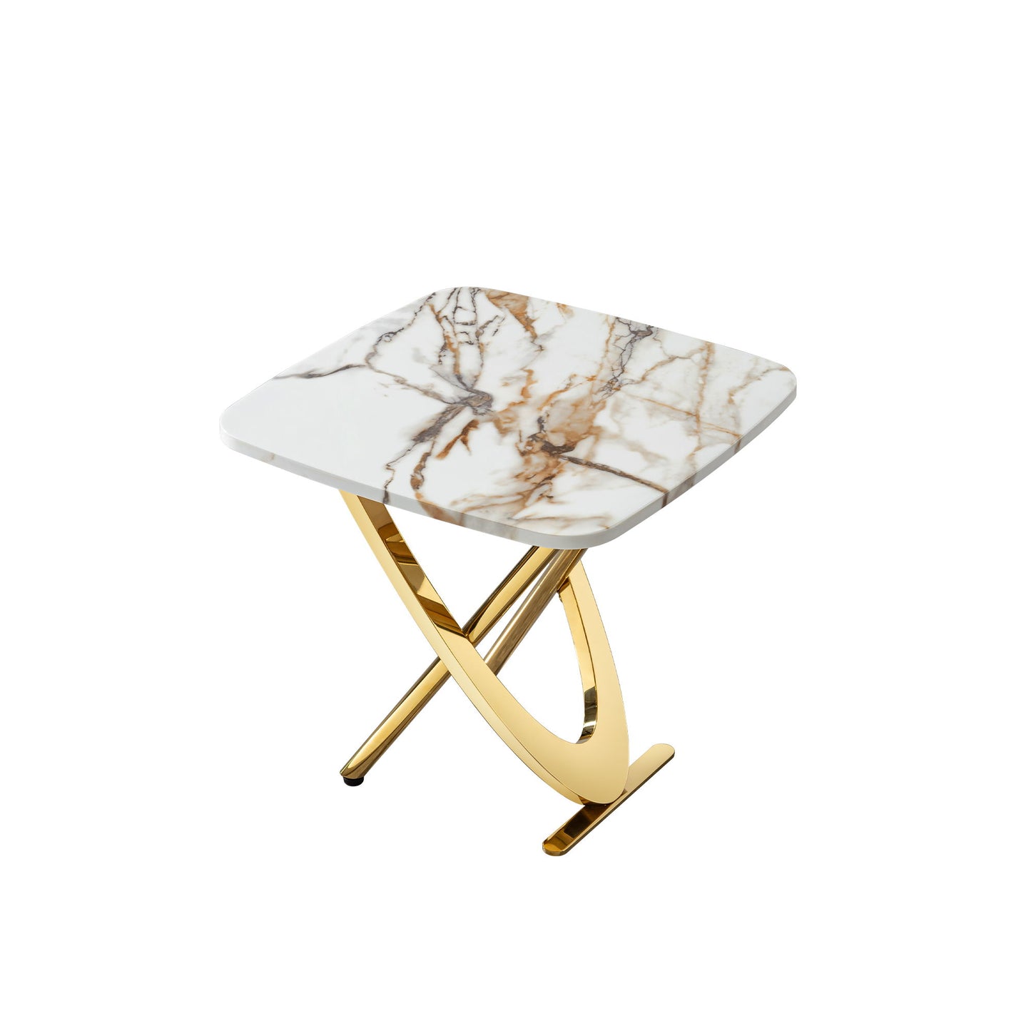 Contemporary Marble Pattern Top Side End Table With Stainless Steel Base, Square Shape - Gold