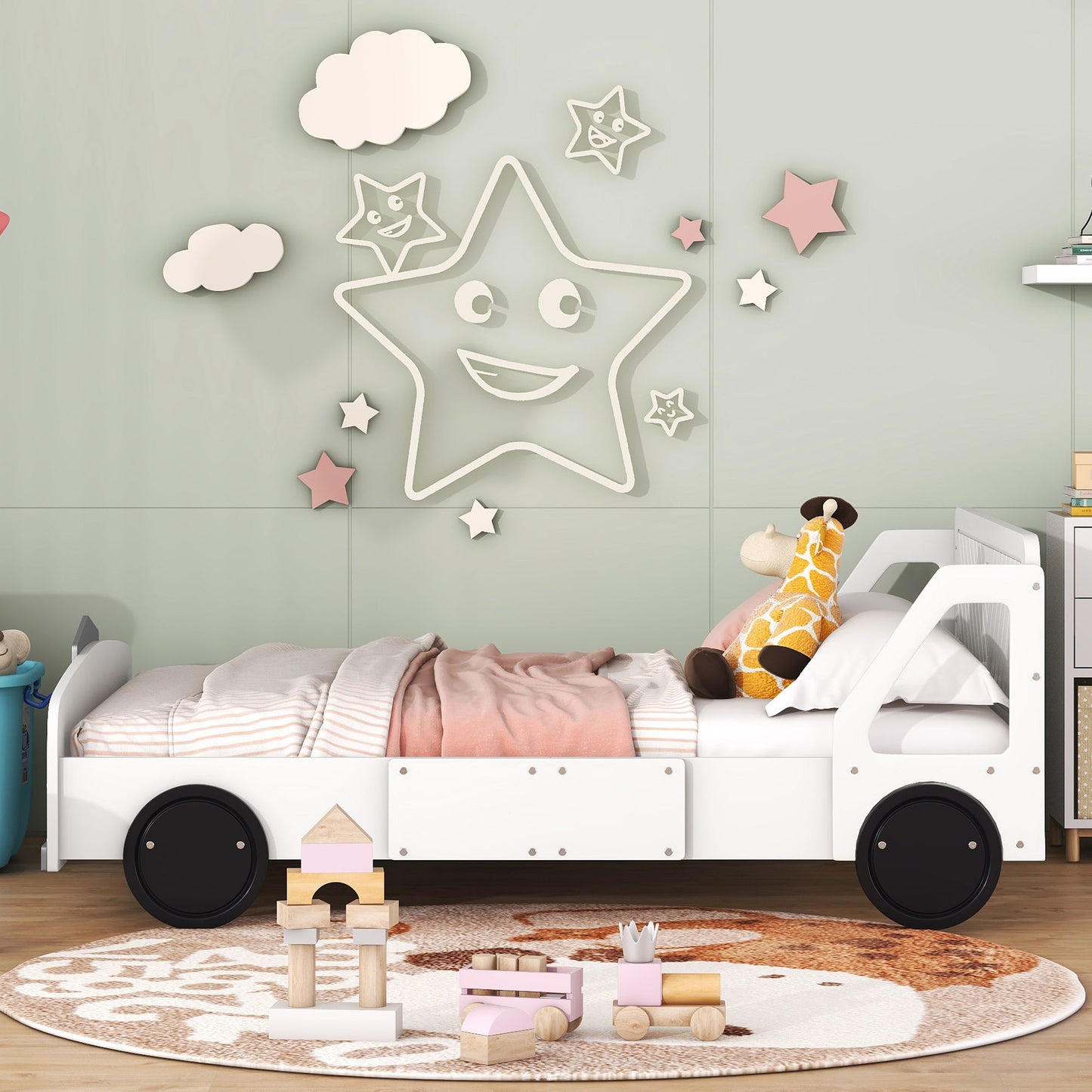 Full Size Car Shaped Platform Bed With Wheels - White