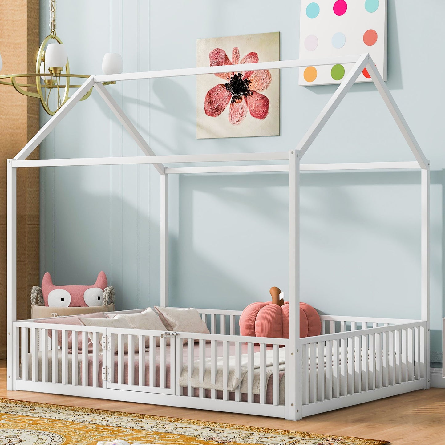 House Bed With Fence And Door - White