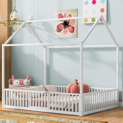 House Bed With Fence And Door - White