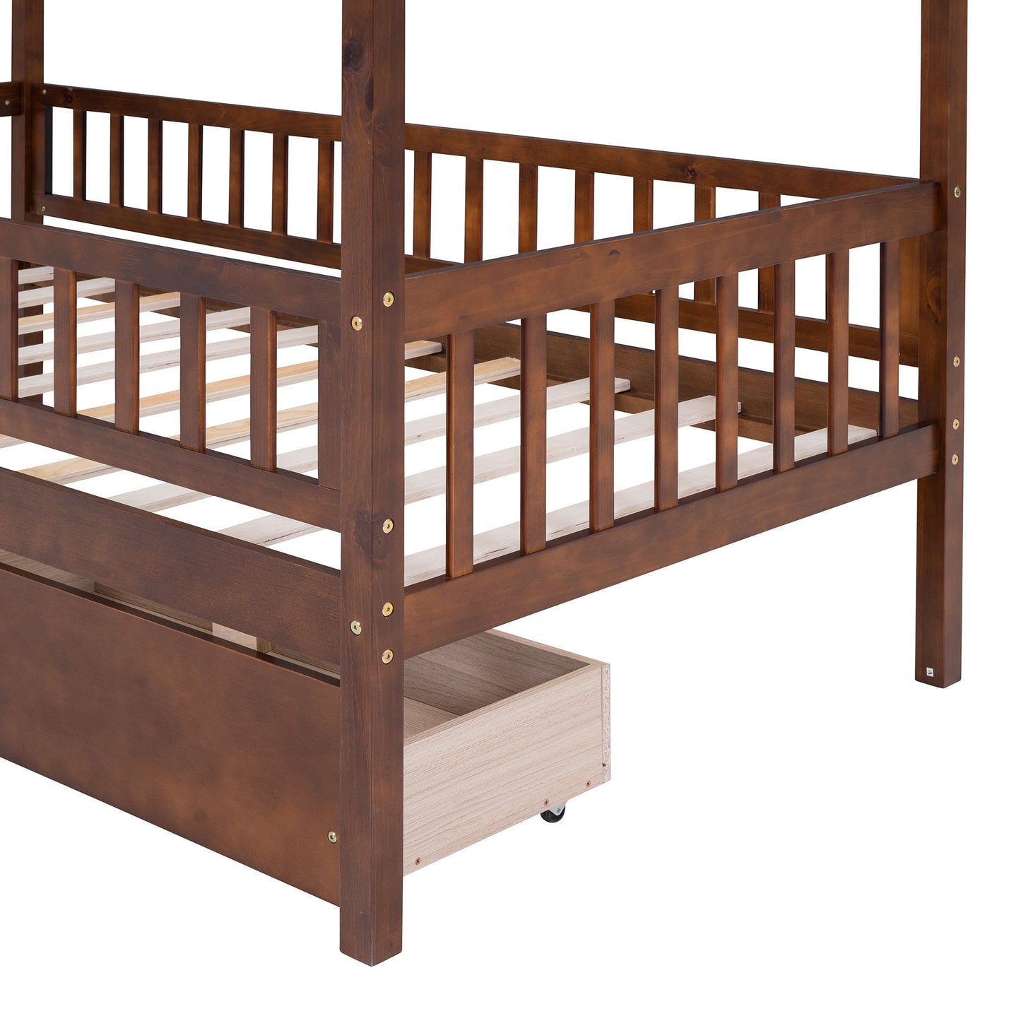 Twin Size House Bed With 2 Drawers - Walnut