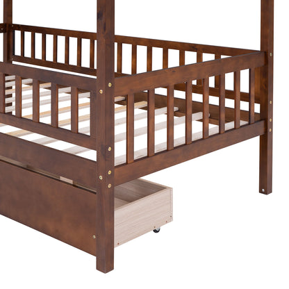 Twin Size House Bed With 2 Drawers - Walnut
