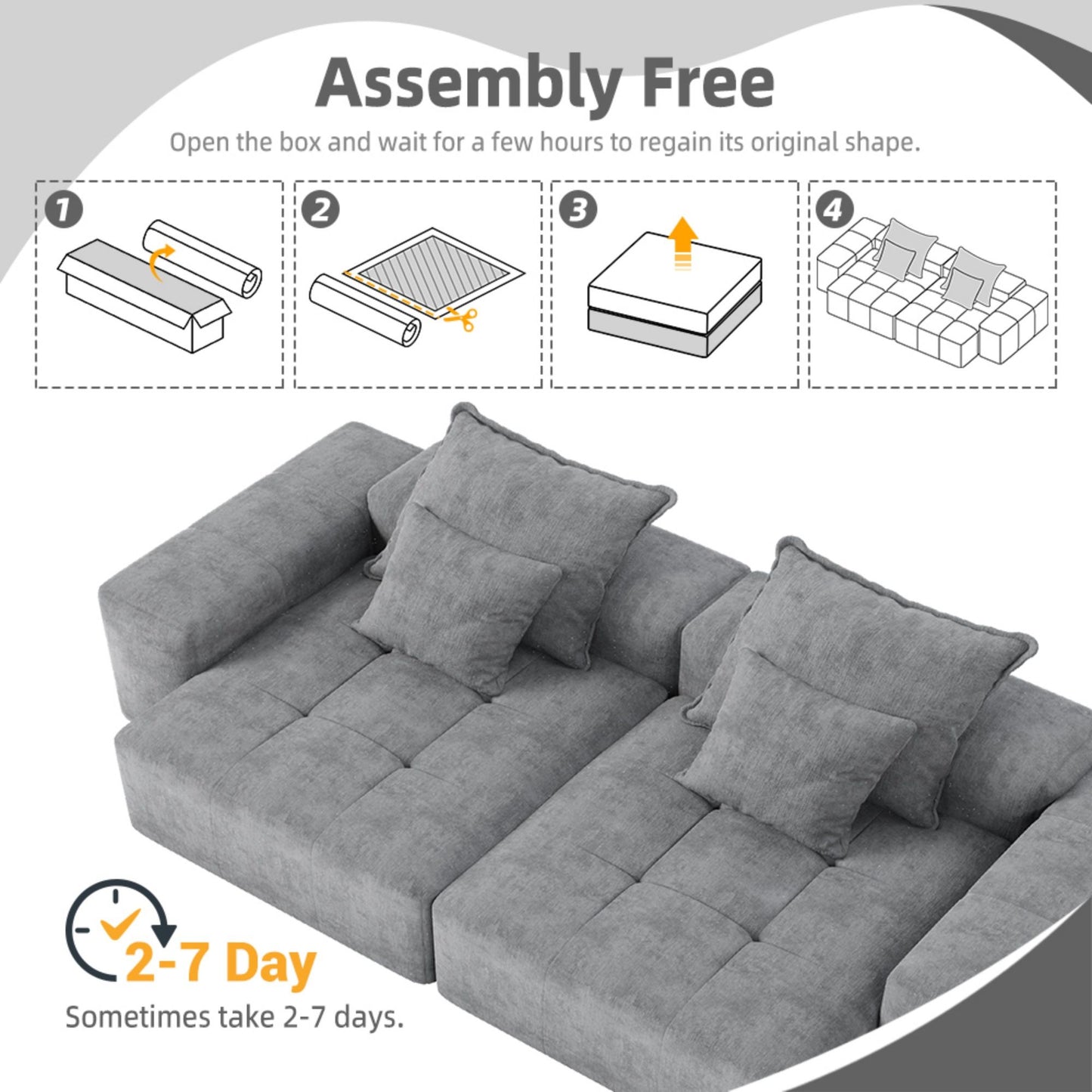 Modern Oversized Modular Sectional Sofa With 2 Chaise Lounge And 2 Armrest, Sparkling Chenille Fabric Soft Cushion Sofa With 4 Pillows, 4 Pieces Diy Combination Tufted Sofa, No Assembly Required - Gray