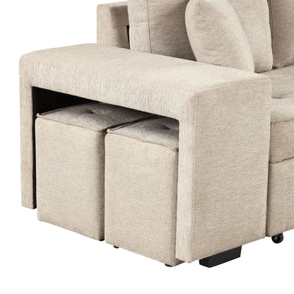 Modern L-Shape 3 Seat Reversible Sectional Couch, Pull Out Sleeper Sofa With Storage Chaise And 2 Stools For Living Room Furniture Set - Cream
