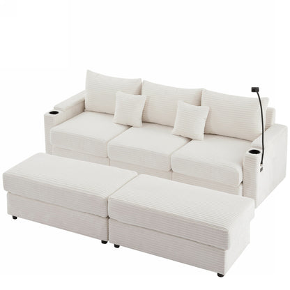 Modern Style 3 Seater Sofa Sectional Sofa Couch With Storage Space, Two Movable Ottomans, Two USB Ports, Two Cup Holders, A Phone Holder For Living Room - Beige