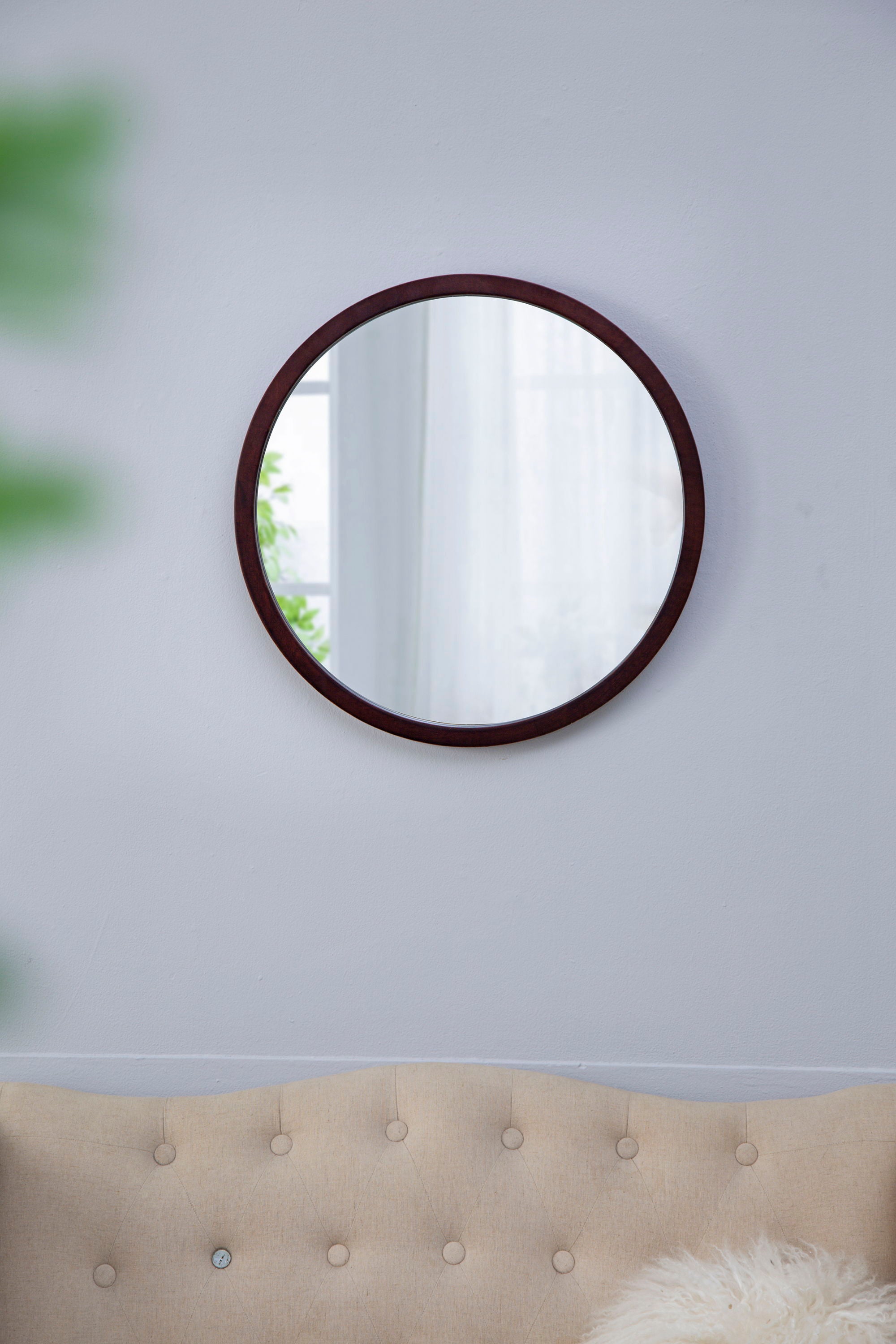 Circle Wall Mirror With Wooden Frame And Walnut Finish, Wall Mirror For Living Room Dining Room - Brown