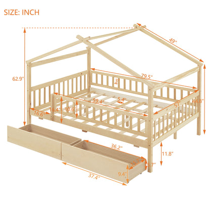 Full Size House Bed With 2 Drawers - Natural