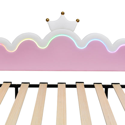 Twin Extending Daybed With LED Lights, Modern Upholstered Princess Daybed With Crown Headboard - White