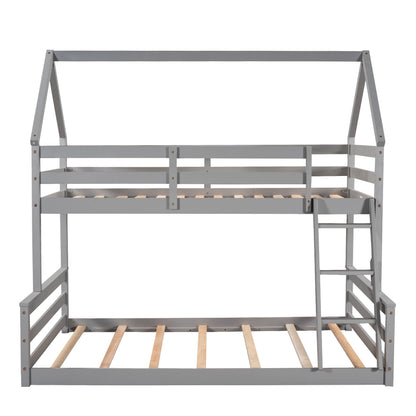 Twin Over Full House Bunk Bed With Built-In Ladder - Gray