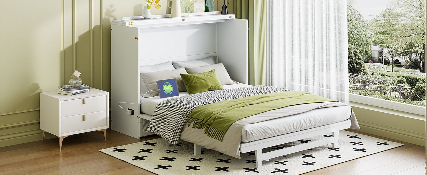 Full Size Murphy Bed With Large Drawer, USB Ports And Outlets - White