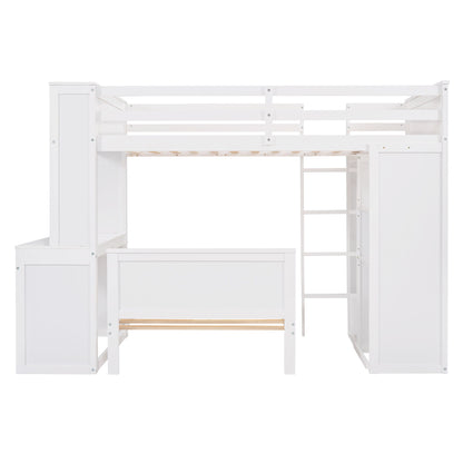 Twin Size Loft Bed With A Stand Alone Bed, Shelves, Desk, And Wardrobe - White
