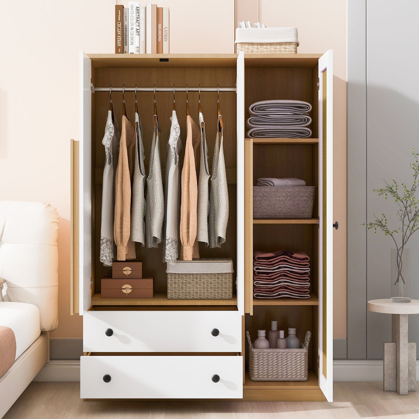 3 Doors Rattan Wardrobe Storage For Bedroom, With 2 Drawers - White / Nature