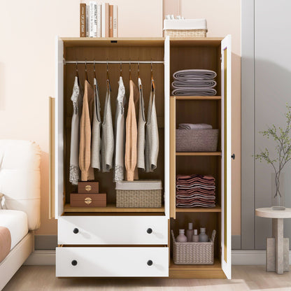 3 Doors Rattan Wardrobe Storage For Bedroom, With 2 Drawers - White / Nature