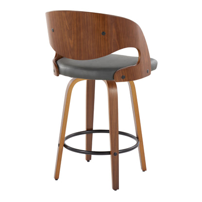 Pino - Mid-Century Modern Fixed Height Barstool With Swivel With Round Footrest (Set of 2) - Walnut / Gray