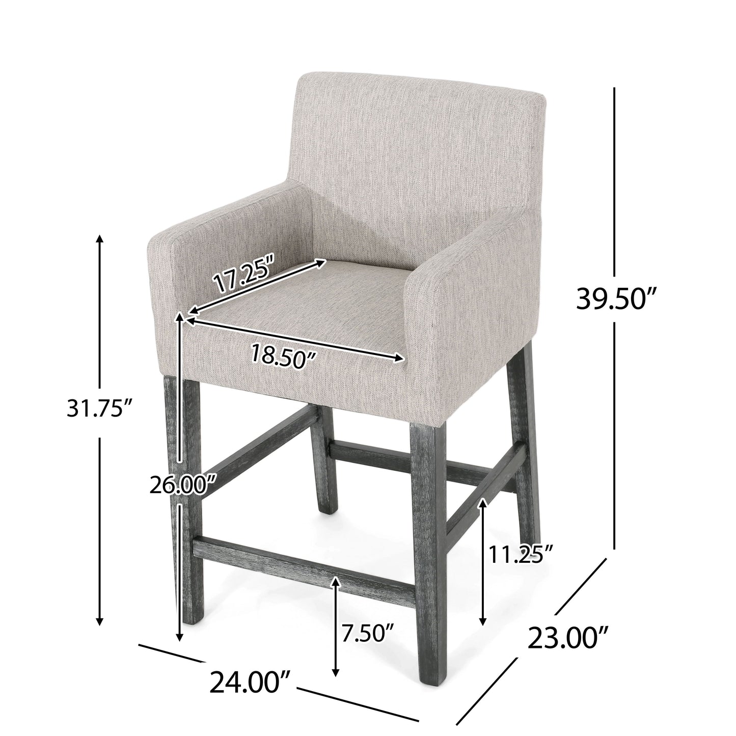 Charmed Upholstered Counter Stool With H Frame Base And Round Arms - Light Gray