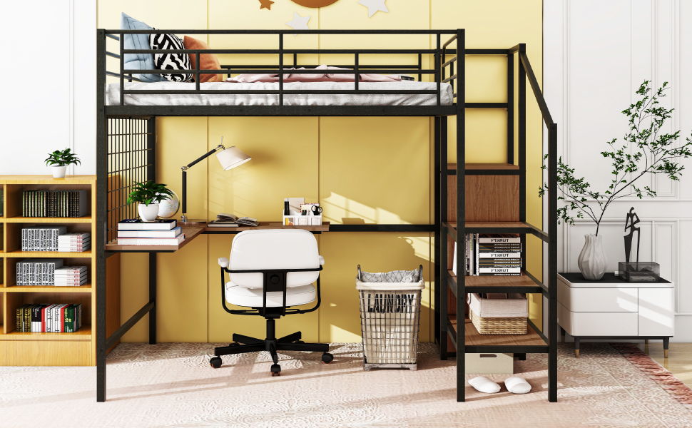 Full Size Loft Bed With Desk And Grid, Stylish Frame With Lateral Storage Ladder And Wardrobe - Black