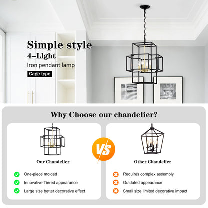 4 Light Metal Lantern Tiered Pendant Hanging Light Fixtures, Industrial Farmhouse Adjustable Height Chandeliers For Dining Room Hallway Foyer Entryway (E12 Bulbs Not Included) - Matte Black / Gold