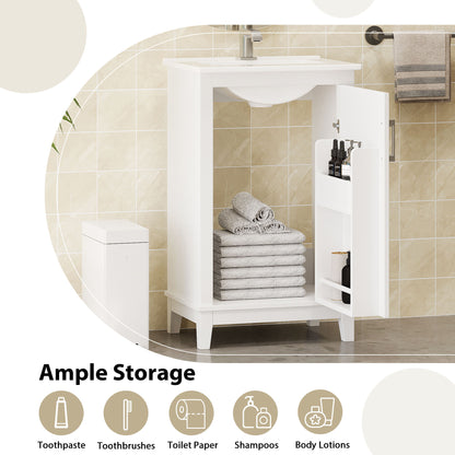 Modern Small Bathroom Vanity Cabinet With Ceramic Basin, Ample Storage, 1 Soft-Close Door - White
