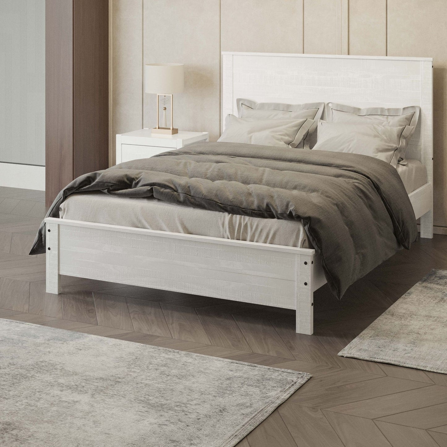 Albany - Twin Bed Frame Modern Rustic Solid Wood With Headboard, Heavy Duty Twin Size, Box Spring Needed - White