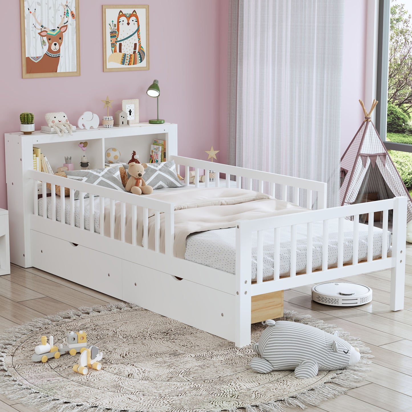 Twin Size Bed With Headboard Storage Rack, 2 Under Bed Drawers, 3 - Side Guardrails For Safety And Security - White